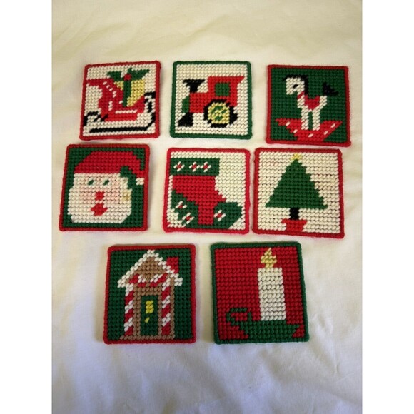 Coasters Christmas Set Plastic Canvas Felt Handmade Santa Train Tree Stocking - Picture 1 of 16
